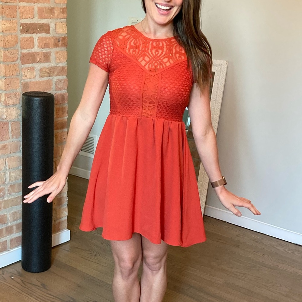 H&M Fit & Flare Lace Mini Dress Women 2 Orange Short Sleeve Full Zip Back